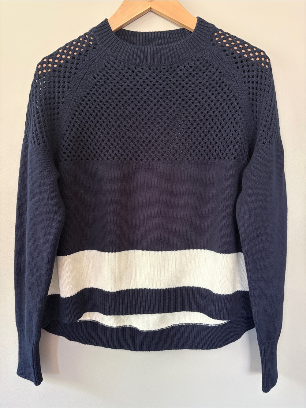 Jil Sander Navy Pullover Open Knit Crewneck Sweater Medium Navy Cream Preppy